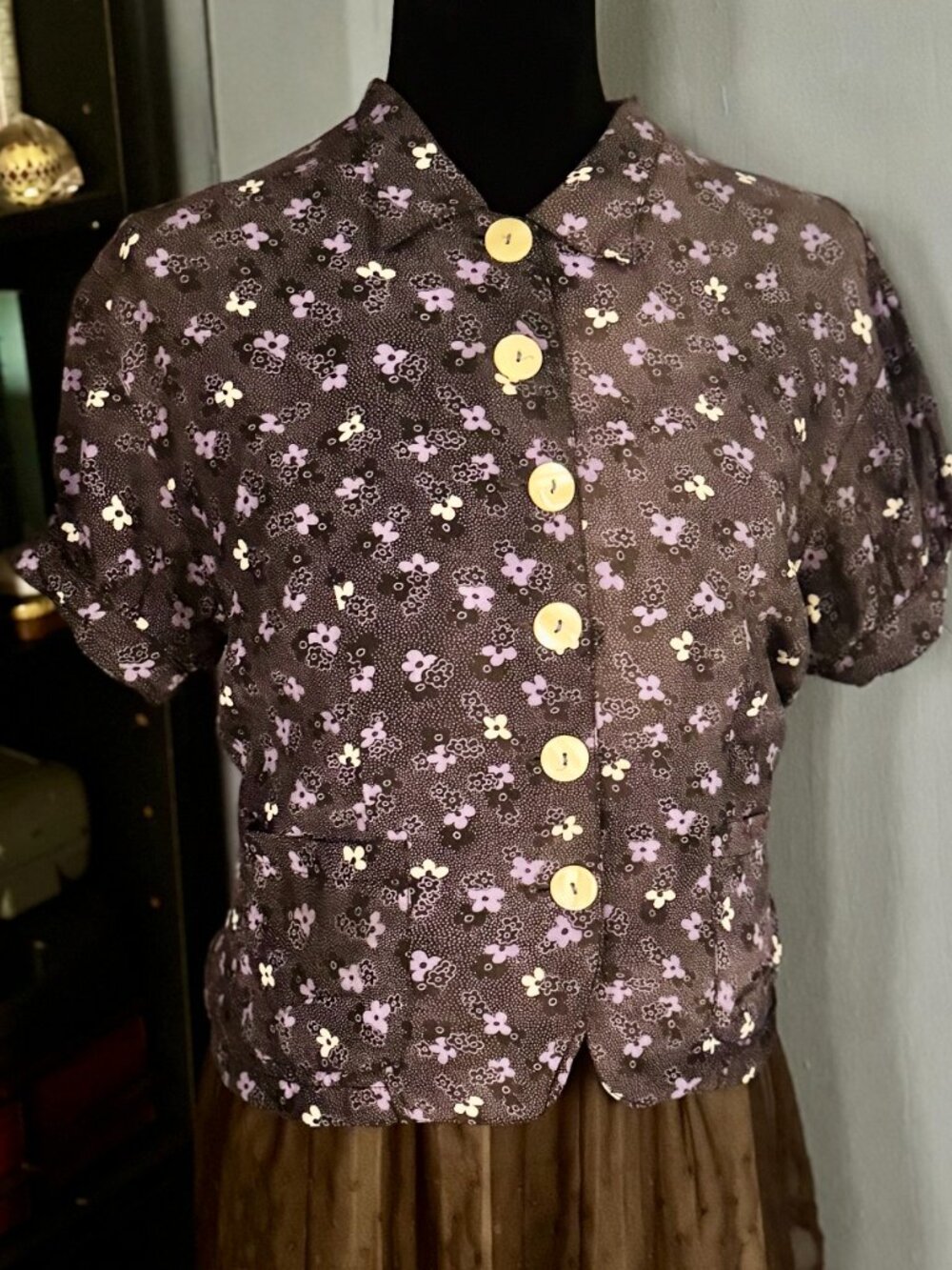 Vintage Purple Floral Button-Front Blouse Short Puff Sleeve Collared Top Size M